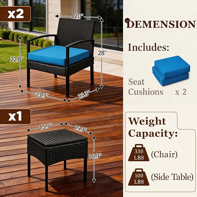 PROHIKER Patio Porch Furniture Set, 3 PCS Outdoor Patio Furniture with Rattan Chairs, Table, Blue Cushions for Garden Porch Balcony Yard