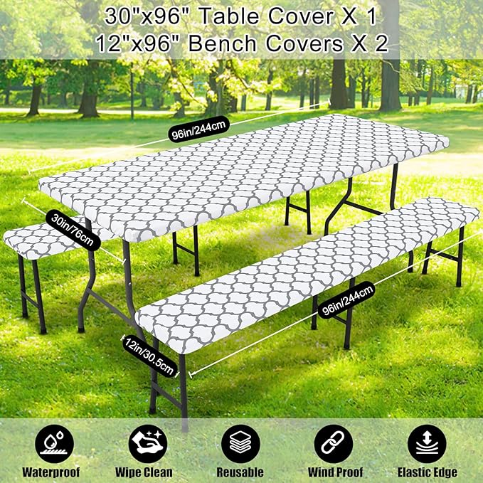 Smiry Picnic Table Cover with Bench Covers, Waterproof Elastic Fitted Tablecloth for 8 Foot Tables, Washable Polyester Tablecloths for Camping, Indoor & Outdoor (White, 30x96 Inch 3-pc Set)