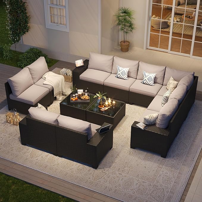 Aoxun Patio Furniture Set, 12 Pcs Outdoor Patio Furniture Sets with 4 in Thicken Cushion, Widen Armrests Wicker Outdoor Sectional for Backyard (Waterproof Cover Include)
