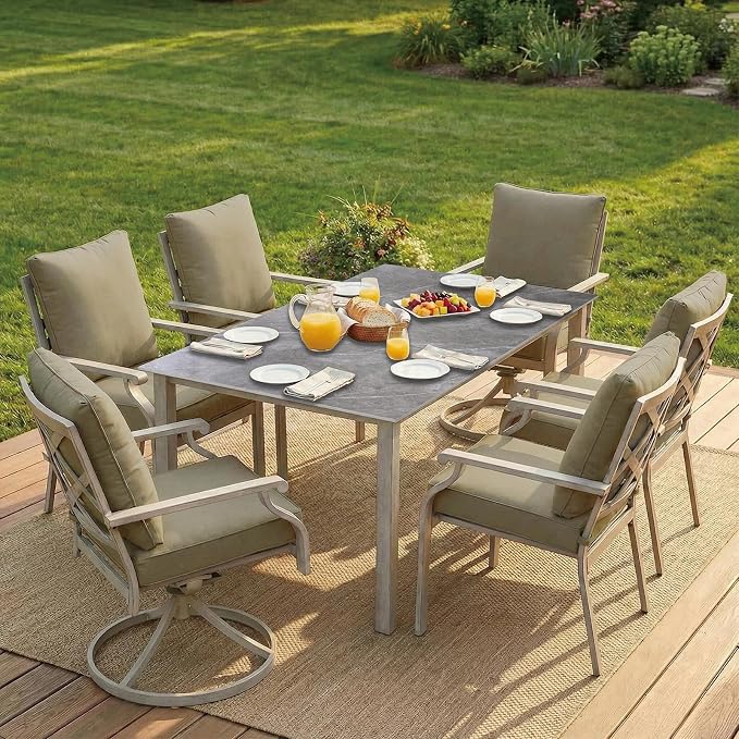 7-Piece Patio Dining Set, Grey Food-Grade Sintered Stone Dining Table with Umbrella Hole, 4 Dining Chairs and 2 Swivel Chairs with Beige Removable Thickened Cushions for Garden Lawn Yard
