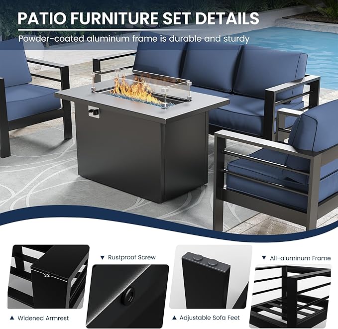 Amopatio Patio Furniture with Fire Pit, 8 Pcs Aluminum Outdoor Metal Patio Sofa Sets with Aluminum Fire Pit Table,Dark Grey&Blue(Included Waterproof Covers)