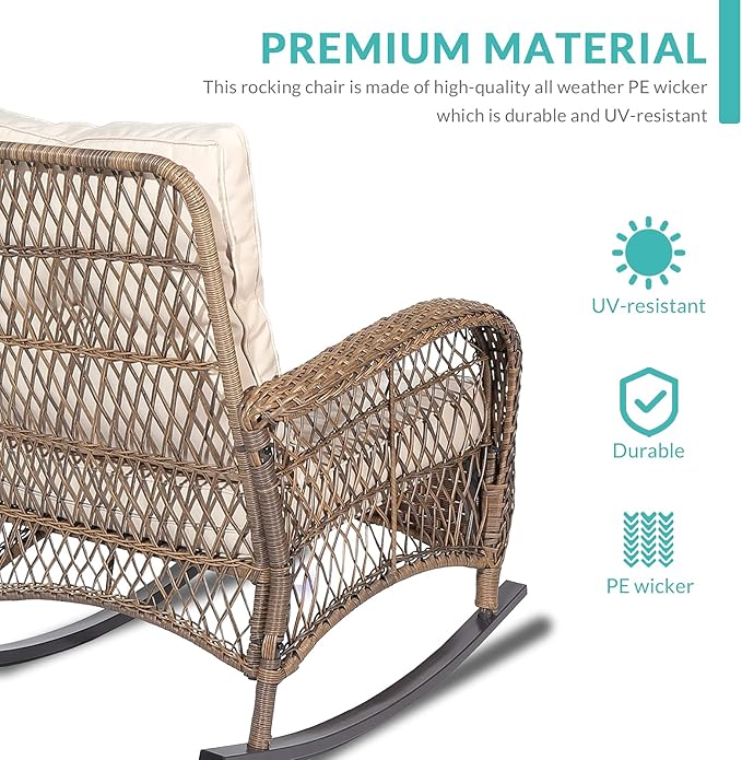 MEETWARM 5-Piece Outdoor Wicker Patio Conversation Set With Glider Loveseat, 2 Chairs, 2 Glass-Top Coffee Tables, Thickened Cushions - Beige