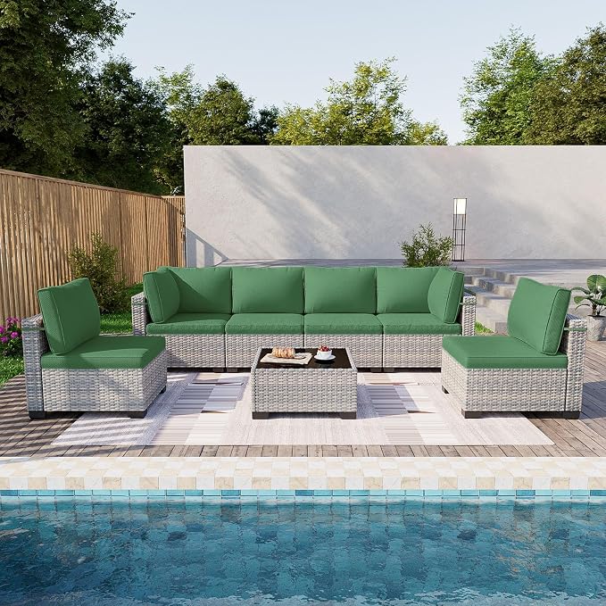 7-Piece Patio Furniture Set, Outdoor Sectional with Thick Cushions, Modular Patio Sofa, Dual-Strand Wicker Rattan, Rust-Resistant Frame, Backyard Furniture for Garden, Deck, Dark Green