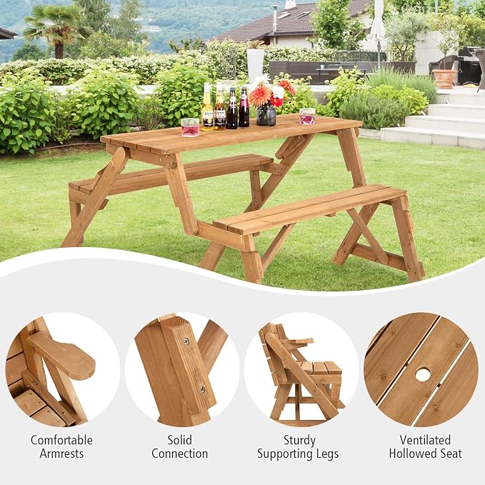 Tangkula 2-in-1 Convertible Wooden Picnic Table, Transforming Interchangeable Outdoor Bench Table with Umbrella Hole, Collapsible Picnic Table and Bench for Garden, Backyard, Porch, Patio
