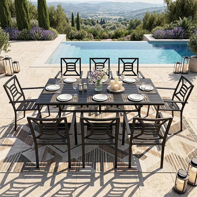 Outdoor Patio Dining Sets 9 Pieces, Large 77" Rectangular Metal Dining Table with Umbrella Hole & 8 Stackable Chairs, Weather Resistant Garden Furniture Set for Backyard, Deck, Porch