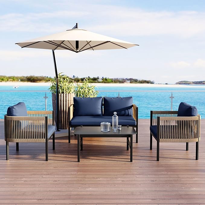 LUMISOL 4-Piece Patio Conversation Set Acacia Wood Outdoor Sofa & Chairs with Coffee Table, Outdoor Sofa Set with Coffee Table, Patio Conversation Set for Garden Backyard, Dark Blue