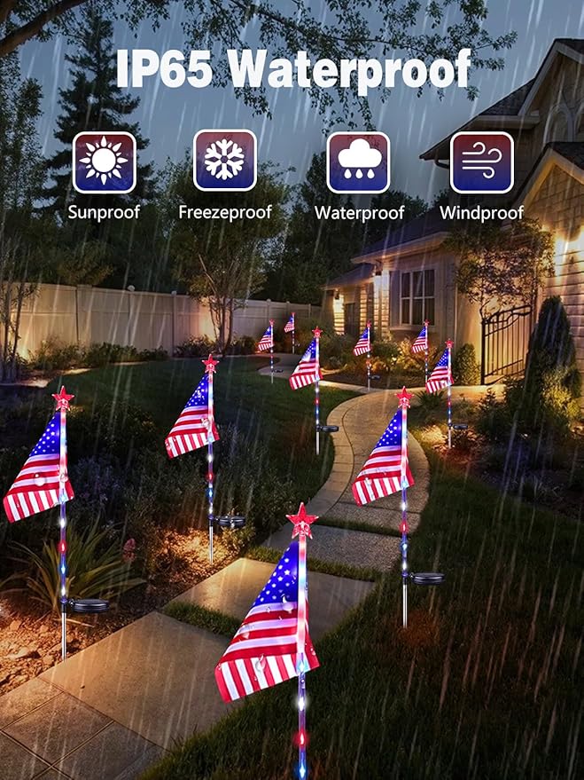 12 Pack Solar American Flag Lights Outdoor, 4th of July Decorations Outdoor, Waterproof Solar Flag Patriotic Lights for Yard, Garden, Pathway, Independence Day, 250th Anniversary (Red White and Blue)