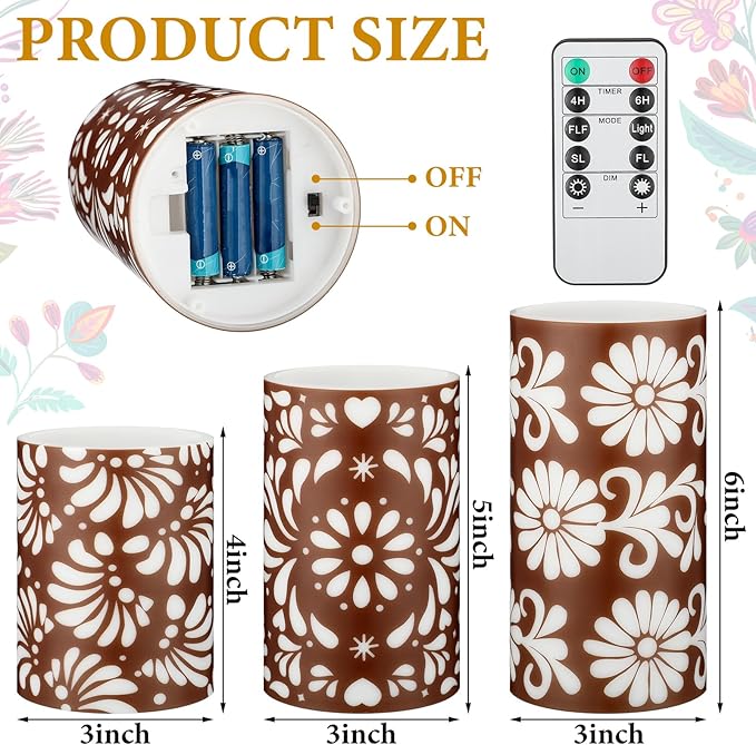 Baquler 3 Pcs Mexican Barro Flameless Candles with Remote Timer Battery Operated LED Flickering Pillar Mexican Home Decor Talavera Decor Mexico Gifts Dinner Holiday Decoration