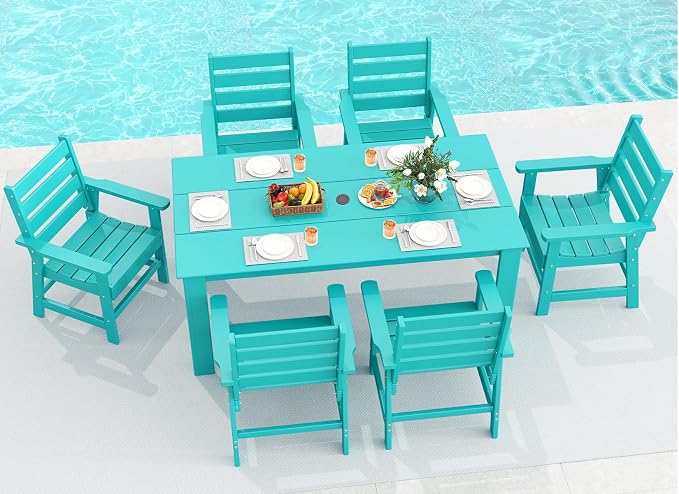 GREENVINES 7-Piece Outdoor-Dining-Set | HDPE Plastic 67'' Table and Chairs Sets for 6 | Patio Furniture | All Weather | Umbrella Hole | Aqua | for Poolside Garden Backyard