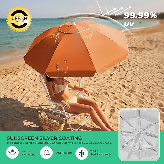 JEAREY 6.5ft Sun Shade Umbrellas, Portable Umbrella with Stand, Lightweight Sun Protection Free Standing Sport Umbrella for Outdoor Sports, Camping, Fishing, Patio, Beach, Sun Orange