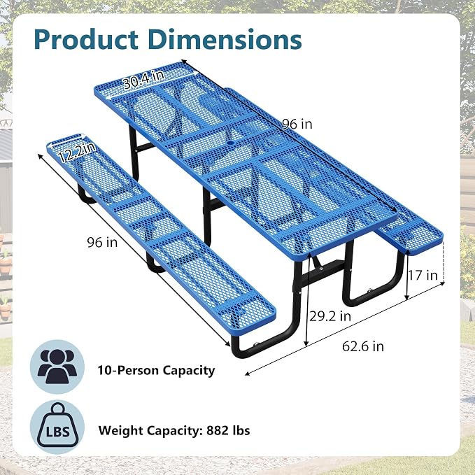 96" Heavy Duty Metal Picnic Table for 10 People, Outdoor Dining with Umbrella Hole, Galvanized Steel Rustproof Frame 882LBS Capacity, Mesh Top for Garden Patio Camping, Blue