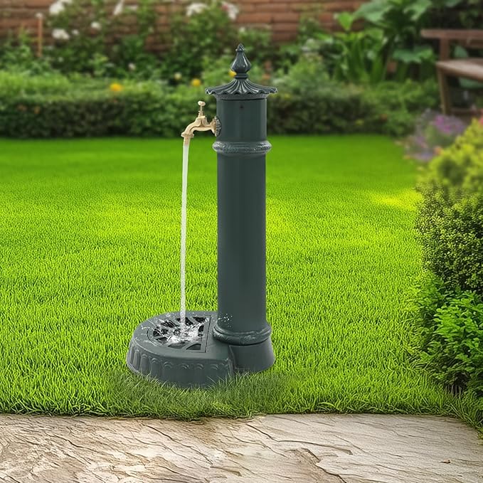 Cast Iron Outdoor Water Column with Faucet, Freestanding Floor Mounted Hydrant Water Tap, Decorative Fountain with Faucet Water Column for Garden Farm Backyard (Blackish Green Color)