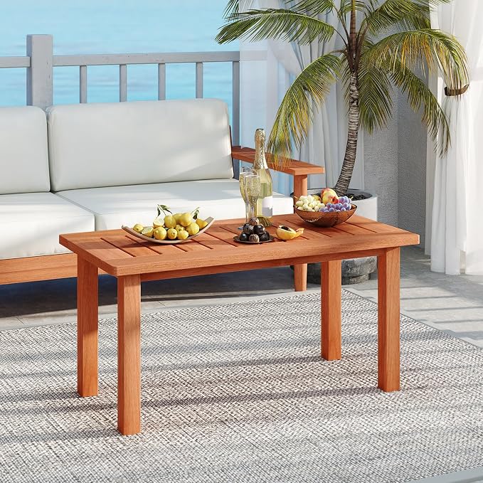 HAPPYGRILL Outdoor Wooden Coffee Table Patio Solid Wood Center Table with Slatted Tabletop, Rectangular Outside Table for Deck, Poolside, Backyard, Garden