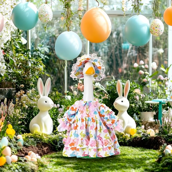 Soulchen 1 Set Easter Porch Goose Outfit 23 Inch Rabbit and Eggs Cement Goose Clothes Dress and Hat Costume Set for Easter Spring Holiday Garden Yard Decor