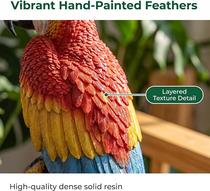 37.8" Hanging Scarlet Macaw Parrot Statue | Outdoor Resin Bird Decor, Weatherproof Solid Resin with Vibrant Hand-Painted Feathers