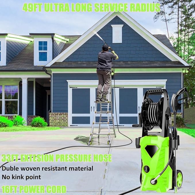 5000PSI Electric Pressure Washer 2026 2.8GPM High Power Washer with 33ft Hose Reel,4 Nozzle,and Soap Bottle for Cars/Home/Driveways/Patios/Fences,Green