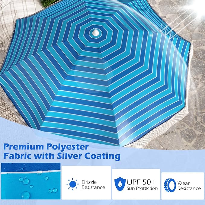 6.5 FT Outdoor Fringe Umbrella, UV 50+ Protection Boho Umbrella with Sand Anchor, Tilt Sun Shelter& 8 Ribs, Portable Beach Umbrella with Carry Bag, Vintage Patio Umbrella for Deck Poolside