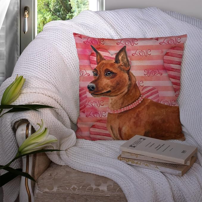 Caroline's Treasures BB9743PW1414 Miniature Pinscher Love Fabric Decorative Pillow, Red Machine Washable, Indoor Outdoor Decorative Pillow for Couch, Bed or Patio, 14Hx14W