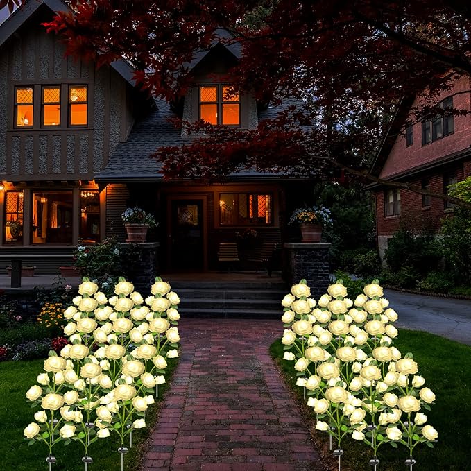 SmilingTown Solar Garden Stake Lights 2 Pack with 10 Rose Flowers Landscape Path Decorative Lights Waterproof for Outdoor Yard Grave Cemetery Pathway Courtyard Lawn (White)