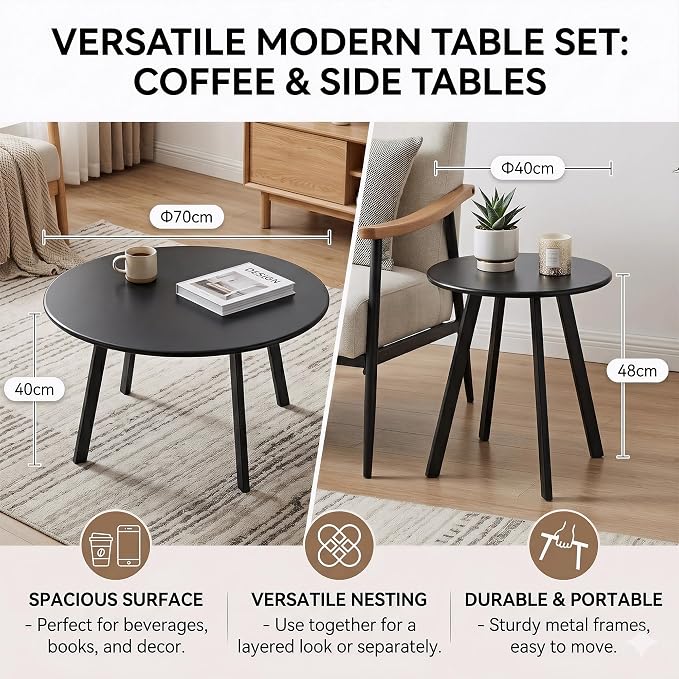 Nesting Side Table Set of 2, Modern Black Metal Wire Round End Tables, Industrial Accent Tables for Patio, Balcony, Living Room, Garden (Black Table)
