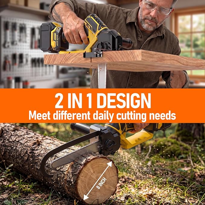 2 in 1 8" Mini Chainsaw Compatible with Dewalt 20V Battery(NO Battery) | 8" Brushless Electric Chainsaw with Rotating Head, Ruler Guide and Handle for Branch Trimming Wood Cutting