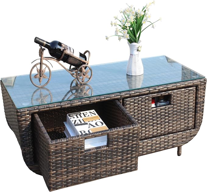 Outdoor PE Rattan Coffee Table, 43.7" Large Rectangular Patio Wicker Coffee Table with Tempered Glass Top, Low Profile Outdoor Side Table for Backyard Deck Balcony Garden Lawn, 150 lbs Capacity