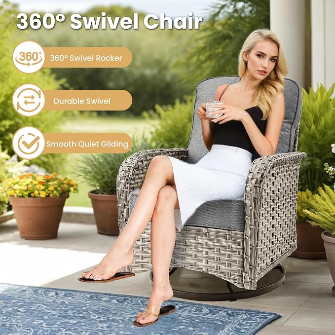 HOOOWOOO 8 Pieces Patio Furniture Set,L Shaped Outdoor Sectional Couch with Fire Pit Table, Pe Wicker All Weather Outside Conversation Sofa Swivel Chiars Solar Table Ottoman Set,Charcoal Gray