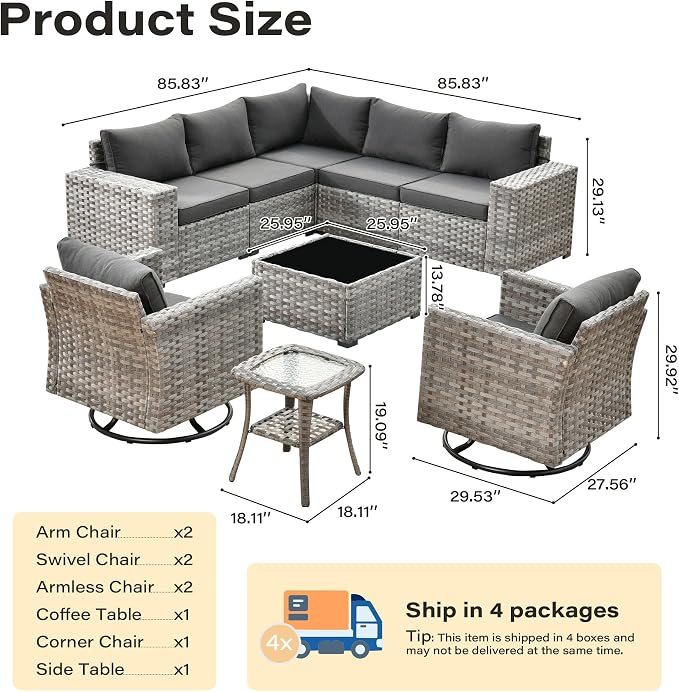 9 Pieces Patio Furniture Set, Wicker Outdoor Sectional Sofa with Swivel Chair Comfy Cushions, Modern Modular Deep Seat Rattan Couch Conversation Set for Backyard Porch Yard,Black