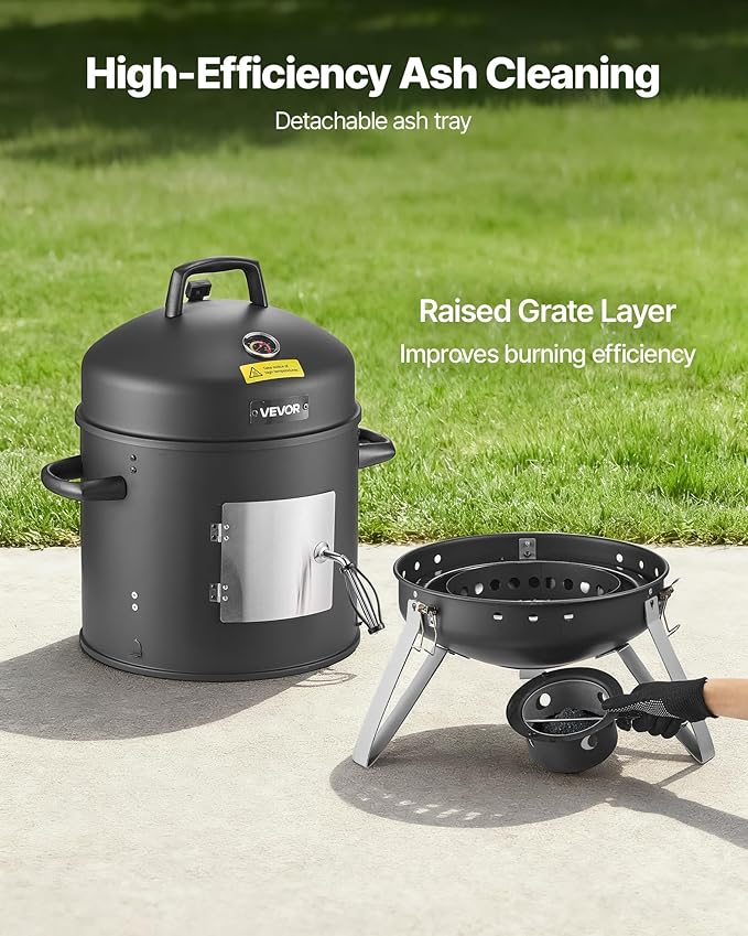 VEVOR Charcoal Smoker, 16" Vertical Charcoal BBQ Grill, Coated Steel Barbecue Smoker with 2 Grilling Grates, Thermometer, Air Vents & Removable Ash Tray, Ideal for Backyard Patio Parties Cooking