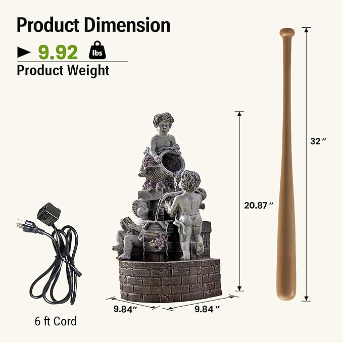 21-Inch Outdoor Water Fountain, 4-Tier Cascading Resin Cherub Garden Fountain with 3 LED Lights, European Style Decorative Water Feature for Backyard, Patio, Deck, Lawn, Balcony in Gray