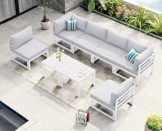 NICESOUL 8 Piece Luxury Aluminum Outdoor Sectional Sofa with Side Table, Large L Shaped Patio Furniture Set, 29" Deep Wide Seating, 500 lbs Heavy Duty Conversation Set for Backyard Garden, Light Gray