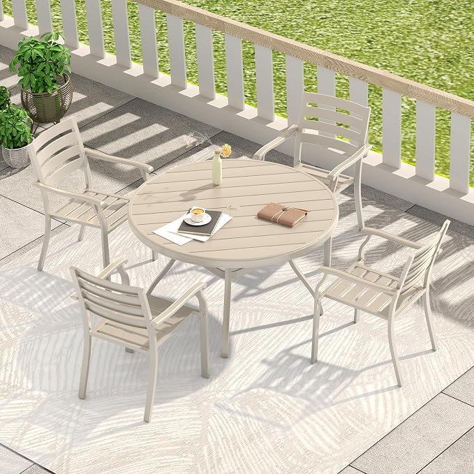 LUMISOL 5-Piece Outdoor Patio Dining Set, 4 Stackable Metal Dining Chairs and 40.6" Round Metal Dining Table, Outdoor Table and Chairs for Lawn Garden Backyard, Sandstone