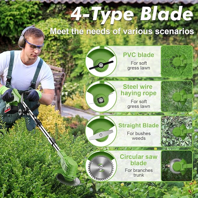 Cordless String Trimmer,21V 2.0Ah Battery, Fast Charger & 4 Types Blades, Lightweight Lawn Trimmer with Wheels, Grass Trimmer/Brush Cutter/Lawn Edger for Garden