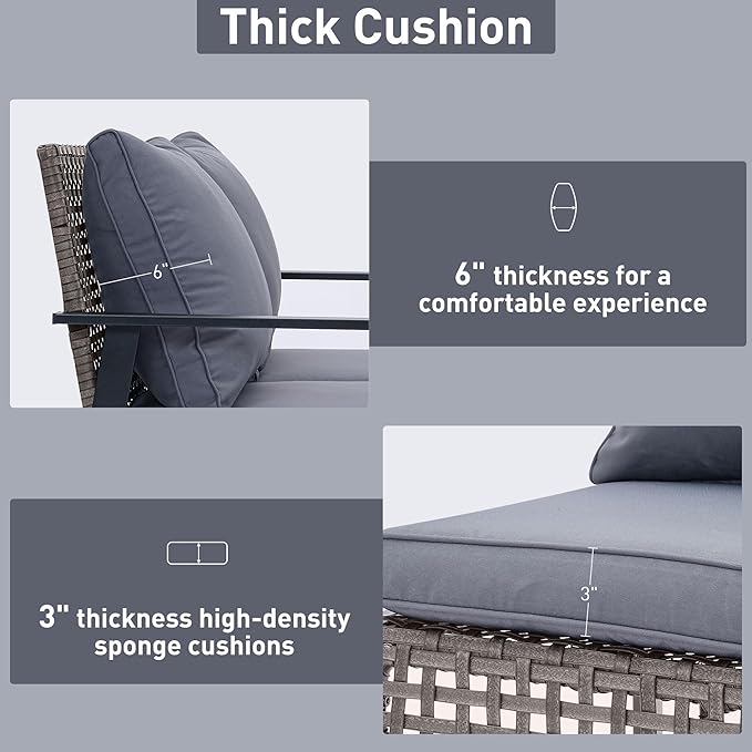 Ainfox Outdoor Wicker Loveseat Rocking Chair, Patio Rattan Rocker Chair with Cushions，All-Weather Modern Cozy Rocking Wicker Furniture for Garden Backyard Porch, Grey