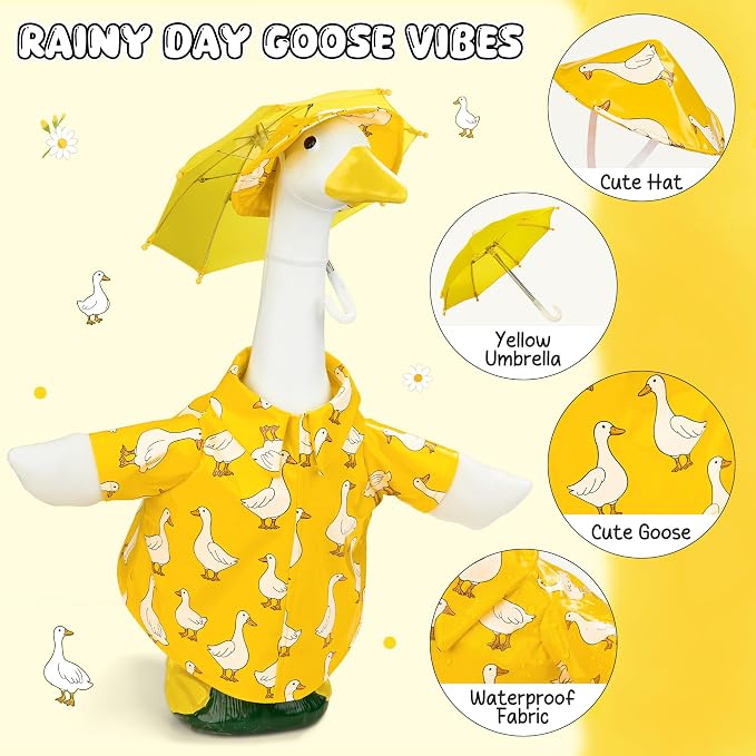 Yellow Goose Printed Raincoat Goose Outfits Porch Printed Waterproof Clothes with Umbrella Hat Fits 23" Geese Statue for Spring Garden Lawn Patio Yard Outdoor Decor (Special Printed)