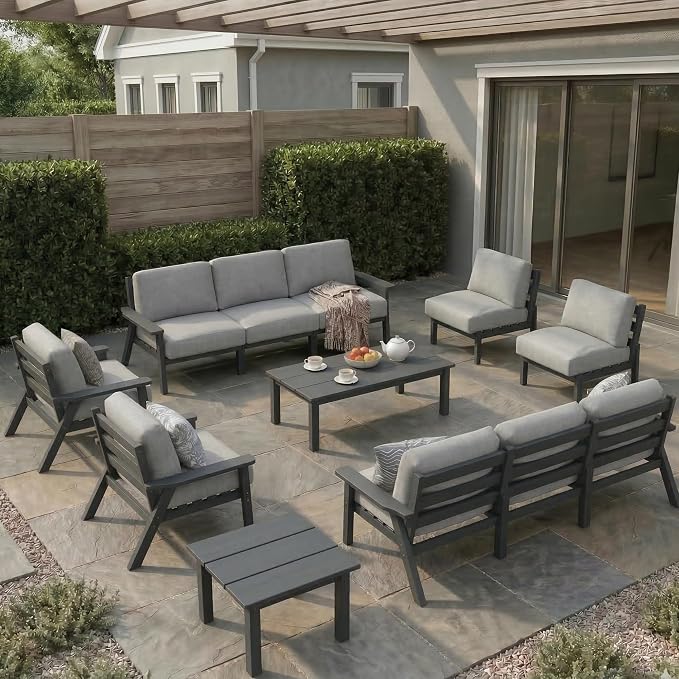 HDPE Patio Furniture Set 10 Seats, Outdoor Couch with Washable Thick Gray Cushions & Coffe Table & Side Table, Outdoor Sectional Furniture for Backyard, Deck, Lawn, Porch (Gray Frame)