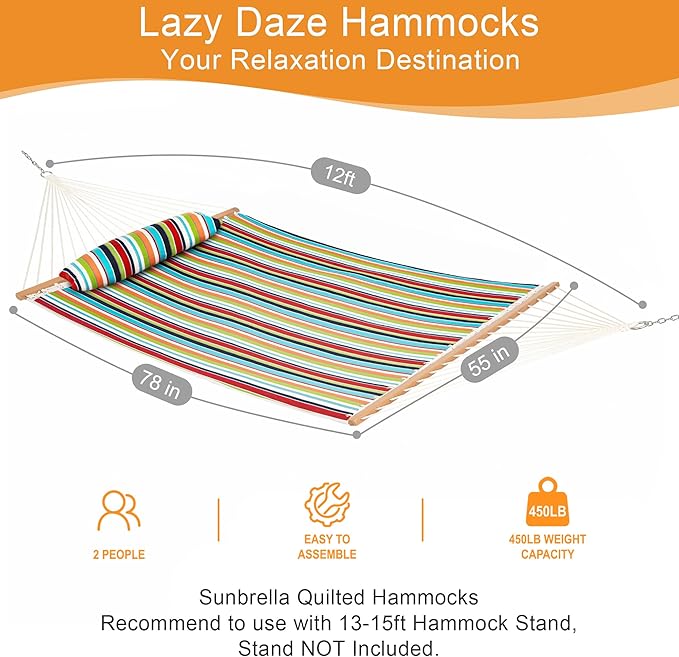Lazy Daze Hammocks 12 FT Sunbrella Fabric Quilted Hammock Double Sunbrella Quilted Hammock with Spreader Bars & Pillow, All Weather and Fade Resistant for Outdoor, 450 lbs Capacity, Carousel Confetti