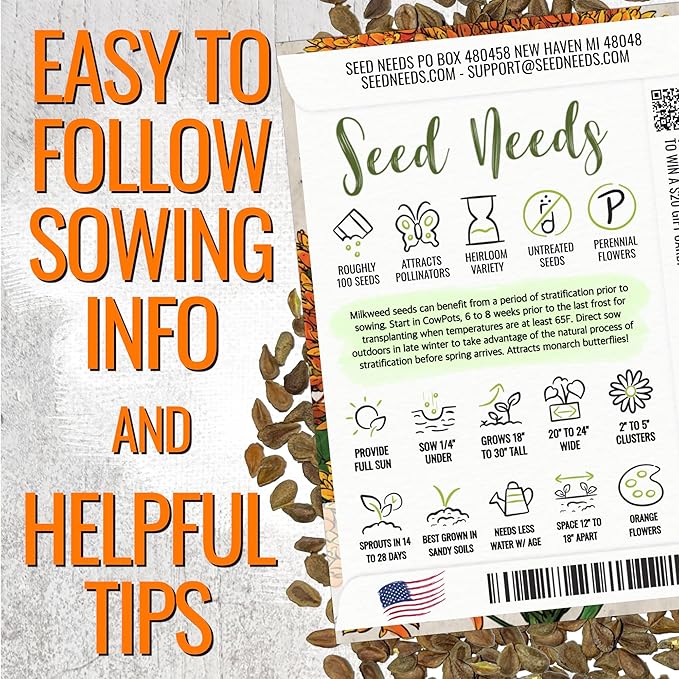 Seed Needs Milkweed Seeds for Planting Butterfly Orange/Swamp Pink Asclepias Flowers - Heirloom Wildflowers to Attract Monarch Butterflies to a Butterfly Garden (2 Pack Duo)