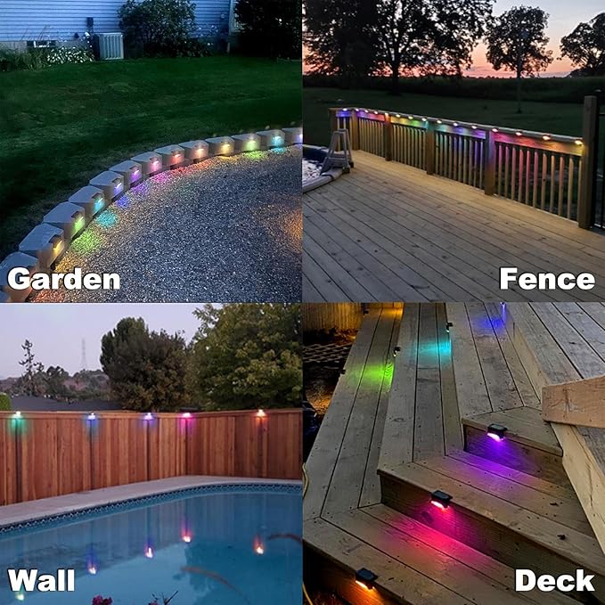 DenicMic Solar Deck Lights Outdoor 16 Pack Step Solar Lights Waterproof for Patio Fence Step Yard Stair RGB Color Changing LED Outside Deck Lighting
