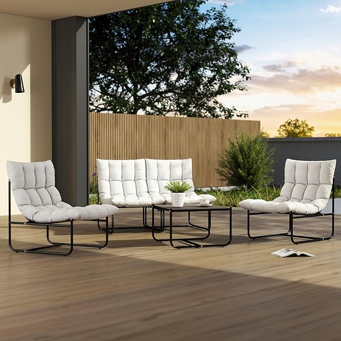 Sectional Outdoor Furniture, Patio Couch Set with Cushion, Modern Patio Conversation Sets with Table, Outdoor Sofa Set for Balcony, Lawn, Deck & Porch, Pure White
