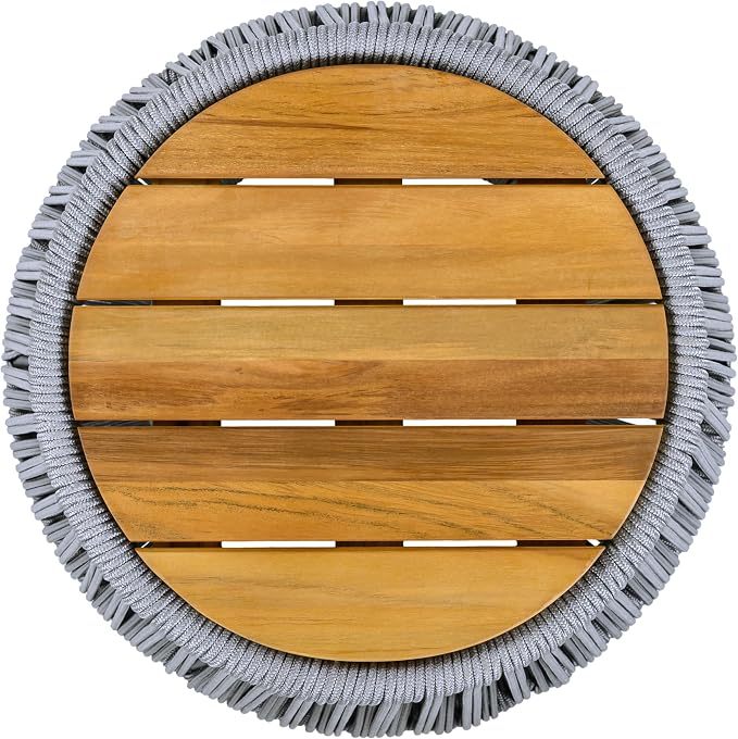 Acacia Wood Side Table, Grey Rope Base, Teak Finish
