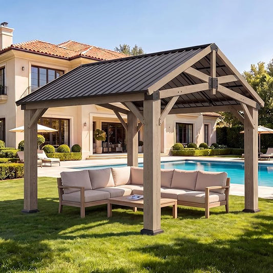 Aoxun 10' x 10' Outdoor Wood Gazebo, Hardtop Gazebo Permanent Wooden Pavilion with Galvanized Steel Gable Roof, for Patio, Garden, Backyard, Cedar Wood