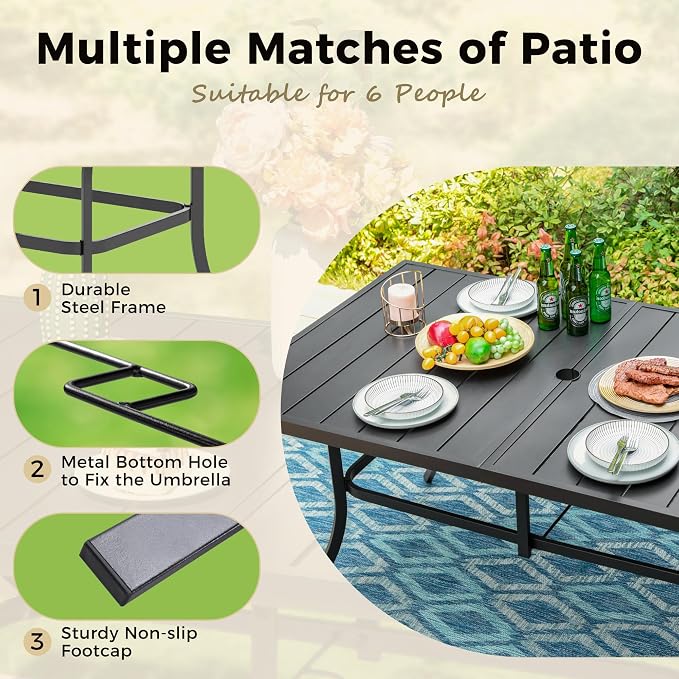 MIXPATIO Outdoor Patio Dining Table for 6, 60" x 35" Rectangular Metal Patio Dining Table with Umbrella Hole for Garden, All Weather Wrought Iron Black Outdoor Table for Backyard and Porch