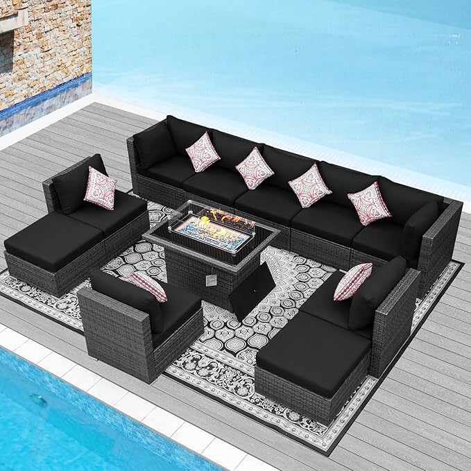 NICESOUL 11 Piece Outdoor Furniture Set w/Fireplace, Luxury Patio Sectional, Chill 29.3'' High-Back Backyard Seating Area, All-Weather Rattan Couch Set, Modular Sofa for Outside, Deck, Grey & Black