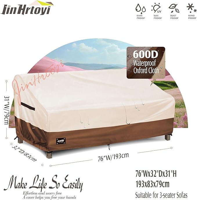 JinHrtoyi 3-Seater Outdoor Couch Cover, 76Wx32Dx31H inches Outdoor Furniture Covers Waterproof,100% Waterproof Heavy Duty Patio Furniture Covers,Beige&Brown Modern Style Outdoor Sofa Cover