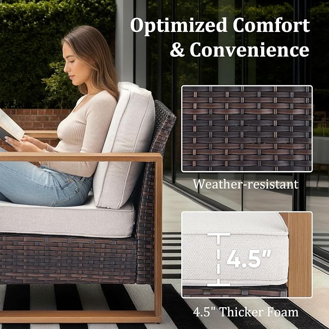 Outdoor Swivel Rocker Patio Chairs Set of 3, High Back Swivel Patio Chairs with Side Table & Metal Arm, Wicker Outdoor Bistro Set for Porch, Yard, Deck, Poolside, Beige