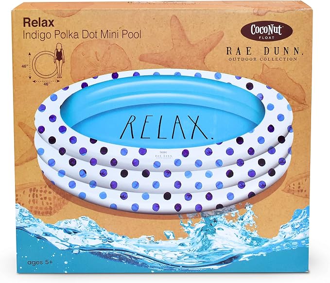 Rae Dunn x CocoNut Float Indigo Polka Dot Mini Pool - Relax Theme - Inflatable Swimming Pool for Kids - Great Splash Pool for Backyard, Summer Parties & Swim Events Ages 5+