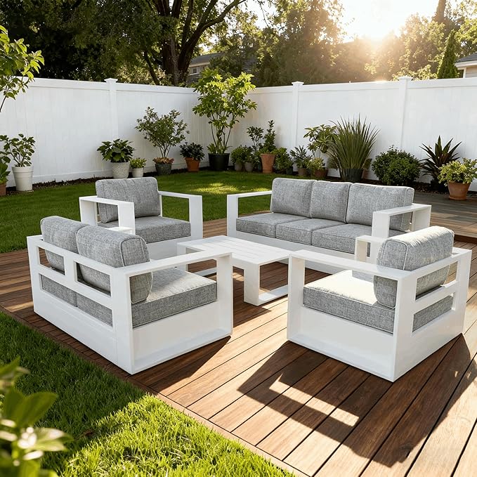 5 Pieces Patio Furniture Set with Coffee Table, Metal Modern Conversation Set with Deep Seating and Widened Aluminum Frame for Deck, Porch, Garden