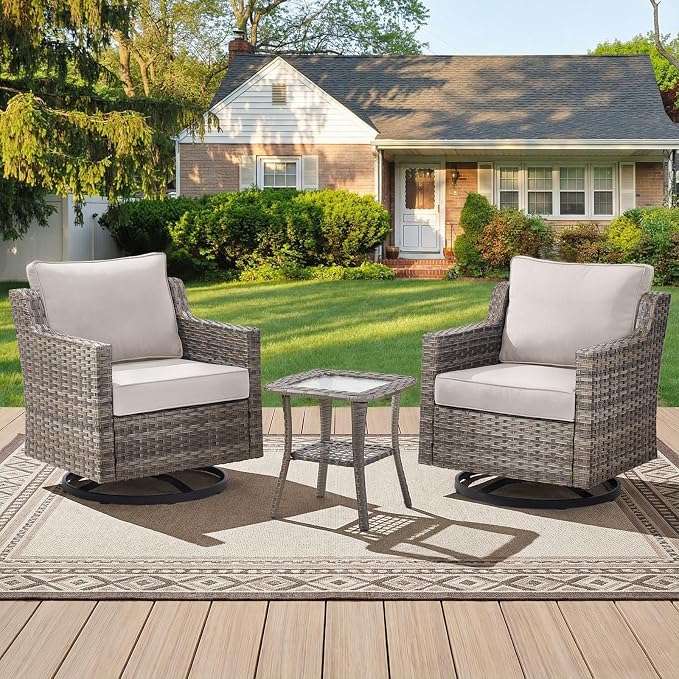 Belord Patio Wicker Swivel Rocker Patio Chairs with Side Table, Outdoor Rattan Chairs for Deck Porch Garden, 3 Piece Luxury Patio Furniture Set, Beige