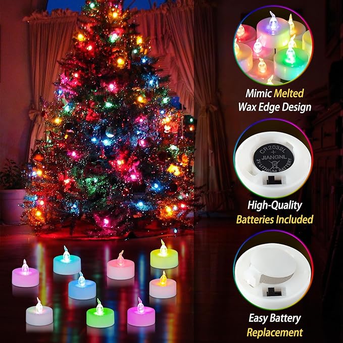 48 Pack Slowly Color Changing Tea Lights Battery Operated, Flameless Electric Colored Flicker Votive TeaLights, Colorful Flickering Candles Bulk for Christmas Party Halloween Pumpkin Decorations